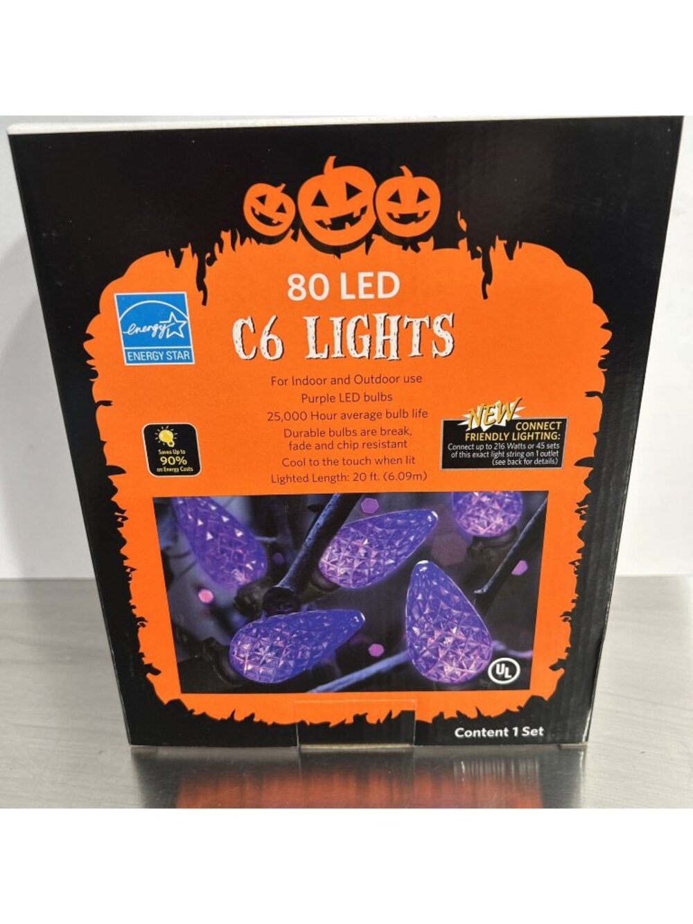 80 LED C6 Purple Halloween Lights 20 Feet Indoor & Outdoor Black Cord